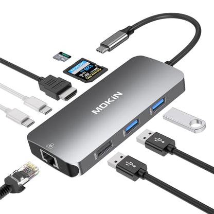 USB C Adapters for MacBook Pro/Air,Mac Dongle with 3 USB Port,USB C to HDMI, USB C to RJ45 Ethernet,MOKiN 9 in 1 USB C to HDMI Adapter,100W PD Charging, USBC to SD/TF Card Reader USB C Hub