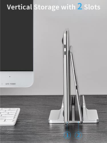 JARLINK Double Vertical Laptop Stand, Adjustable Aluminum Desk Dock, Black - color: Silver, size: 2-slot