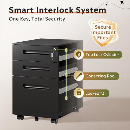 DEVAISE 3 Drawer Mobile File Cabinet, Fully Assembled Except Casters | Metal Filing Cabinet with Lock Under Desk for Home Office, Printer Stand fits A4/Letter/Legal Size, Black - color: Black, size: Thickened Steel 20" D x 15" W x 24" H