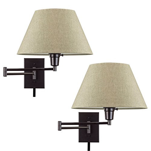 Kira Home Cambridge 15" Modern Swing Arm Wall Sconce + 3-Way Switch, 2-Pack | Latte Mocha Empire Fabric Shade, 2-in-1 Plug In or Hardwired Bedroom Wall Lamp, Black Finish - color: Black,Latte Mocha Shade,2-Pack