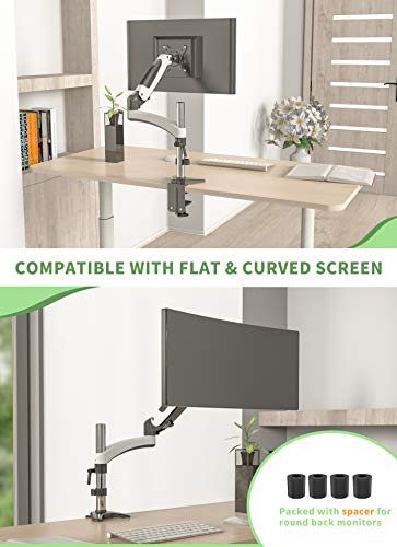 SHOPPINGALL Fully Adjustable Dual Gas Spring LCD Monitor Arm Desk Mount Stand with 1 Swing Arm for One 15"-32" Monitor, Desk Clamp and Grommet Mounting Options in The Box - SA-GM112D (White)