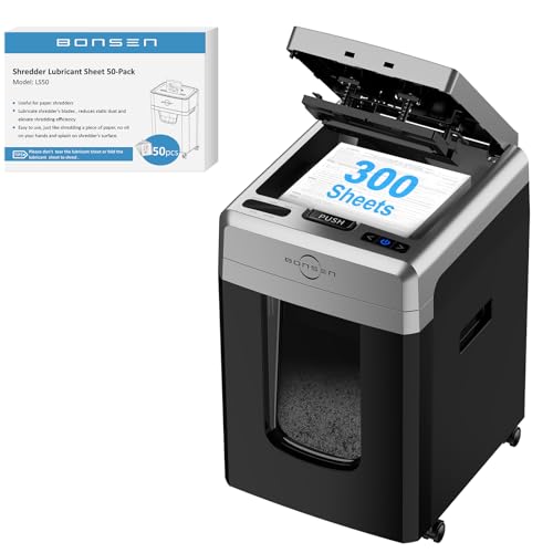 BONSEN P-5 High Security 300-Sheet Auto Feed Paper Shredder and 50 Pack Lubricant Sheets