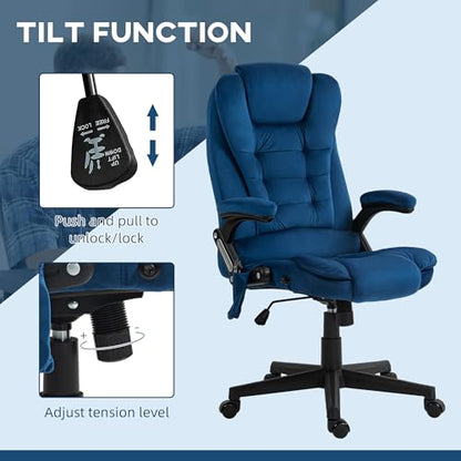 HOMCOM Executive Office Chair 6 Points Vibration Massage Velvet Drak Blue | Heated Lumbar Support, High Back Computer Chair, Reclining Backrest, Tilt Function, Padded Armrests - color: Drak Blue