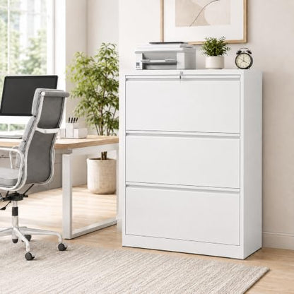 3 Drawer File Cabinet with Lock, Metal File Cabinet, White - color: White, size: 40.4"H - 3 Drawer