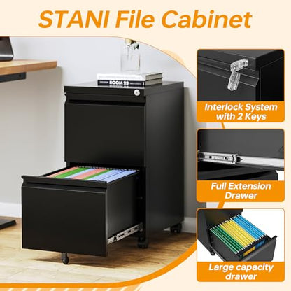2 Drawer File Cabinet On Wheels Mobile Cabinet with Lock Under Desk Metal Filing Cabinet On Rollers Small Rolling File Cabinet Black Printer Stand for Home Office Fully Assembled - color: Black, size: 2 Drawers-Fully Assembled