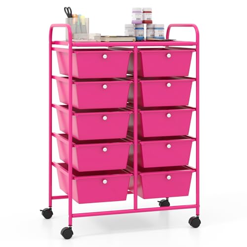 Giantex 10 Drawers Rolling Cart, Classroom Organizers, Storage Cart with Wheels, for Teacher Office Home School Supplies Tool Craft Art Paper, Hot Pink - color: Hot Pink, size: 10 Drawers Big