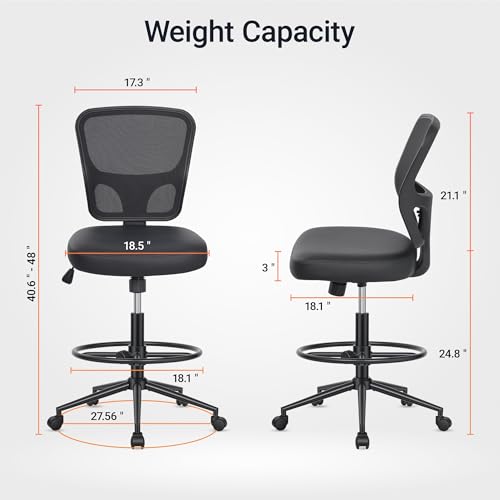 HYLONE Armless Office Chair with Footrest, PU Leather Swivel Desk Chair, Adjustable Height Drafting Chair for Home Office, Mid Back Counter Height Computer Chair