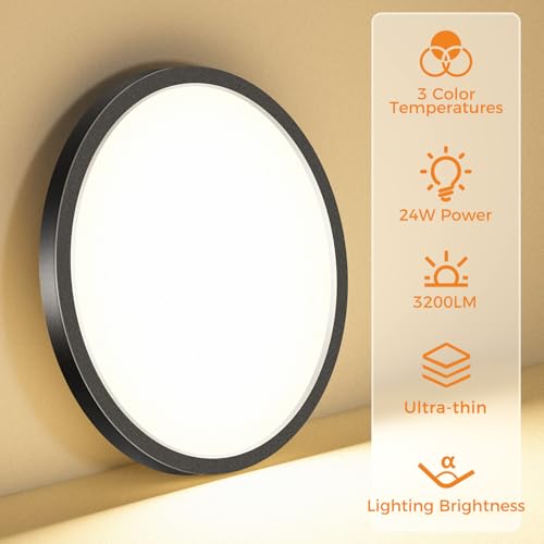 1PACK LED Flush Mount Ceiling Light Fixture, 3000K-4000K-6500K & 100W Equivalent Modern Kitchen Ceiling Lamp 24W 3200Lm 12 Inch Closet Round Surface for Bathroom Laundry Bedroom Hallway, Black - color: Black, size: 12Inch-1Pack