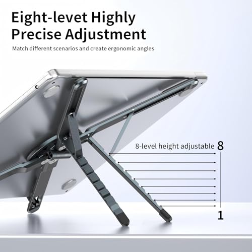 Portable Laptop Stand for Desk, 3-in-1 Adjustable Holder | MagSafe Compatible Foldable Design, 8-Level Height & Angle, Aluminum Alloy, Suitable for 10-16” Laptops (Black) - color: black