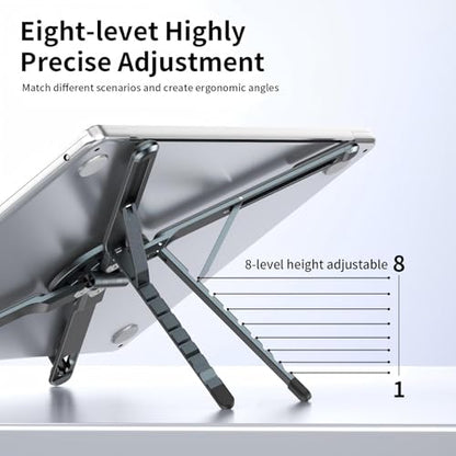 Portable Laptop Stand for Desk, 3-in-1 Adjustable Holder | MagSafe Compatible Foldable Design, 8-Level Height & Angle, Aluminum Alloy, Suitable for 10-16” Laptops (Gray) - color: gray