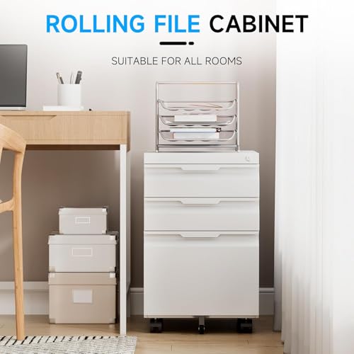 3 Drawer Mobile File Cabinet with Lock, Rolling File Cabinet with Wheels - color: White, size: 3 Drawer