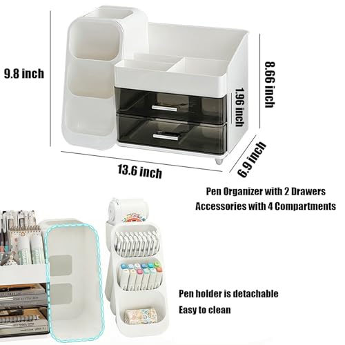 Desk Organizer with Pen Pencil Holder, Pen Organizer with 2 Drawers & 4 Compartments, Desktop Organizers and Storage for Office Home School Art Supplies (Black)