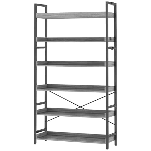 HCHQHS Bookshelf, Adjustable Industrial Bookcase, Vertical Tall Book Shelf, Wood and Black Metal Open Bookshelves for Home Office, Living Room, Bedroom (Grey, 6-Tier (31" W x 70" H)) - color: Grey, size: 6-Tier (31"W x 70"H)
