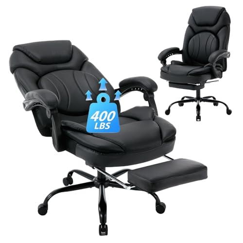 Ergonomic Recliner Office Desk Chair with Back Support, Black | Big Tall Computer Gaming Chair, Footrest, Wide Seat, Heavy Duty, Wheels, Faux Leather - color: Black