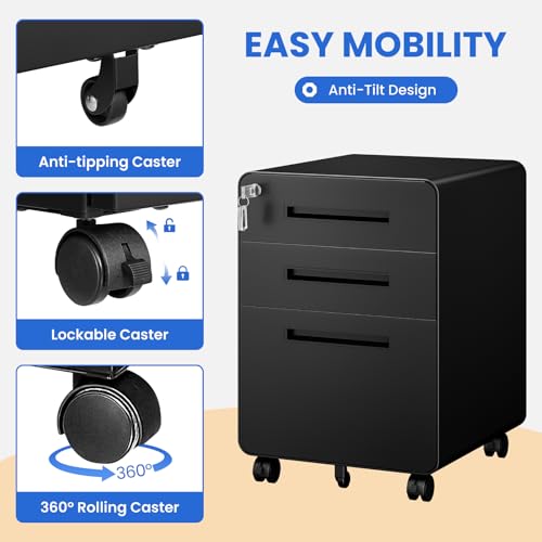MIIIKO Mobile Filing Cabinet 3 Drawer, Rolling Small File Cabinet with Keys Under Desk, Modern Black Filing Cabinets for Home Office with Anti-tilt Wheels, A4/Letter/Legal Hanging File Drawers - color: Black, size: 3Drawer-23"H