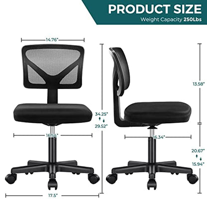 DUMOS Armless Desk Chairs, Small Home Office Mesh Chairs | Ergonomic Adjustable Mid Back, Swivel Rolling Task, Computer Work Vanity Small Spaces, Black - color: Black, size: 1pc