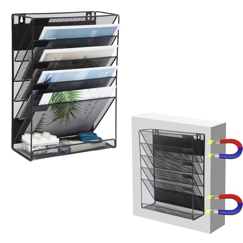 EASEPRES Magnetic File Organizer Mesh 6-Tier, Hanging Wall Mount File Organizer Vertical Holder Rack for Office Home, Black - color: Black, size: 6 Tier Magnetic