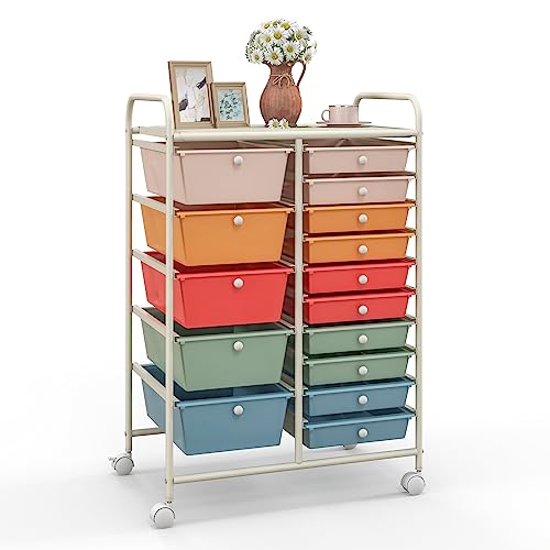 Giantex 15 Drawers Rolling Cart, Classroom Organizers, Storage Cart with Wheels, for Teacher Office Home School Supplies Tool Craft Art Paper - color: Macaron Multicolor, size: 15 Drawers (5 Big +10 Small)