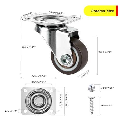 Small Caster Wheels 1 Inch Swivel Plate Castors 4pcs 360 Degree Rollable Low Profile Soft Rubber Wheel Replacement with Screw in Smooth and Quiet for Rolling Light Furniture Weight Under 100Lb