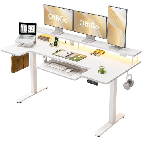 63 Inch U Shaped Electric Standing Desk with Keyboard Tray, White | Power Outlet, Monitor Stand, LED Light, 3 Presets, 28.3"-46.5"in Range, 154 lb Capacity - color: White, size: 63 Inch