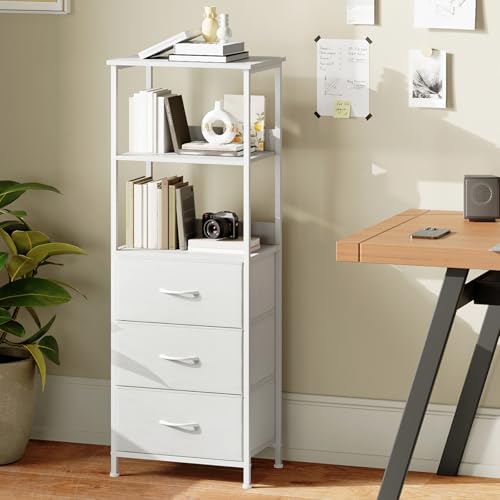 Somdot 5 Tier Bookshelf with 3 Drawers, Narrow Storage Bookcase for Bedroom | Tall Metal Frame Bookcase for Small Spaces, Living Room and Home Office, White - color: White