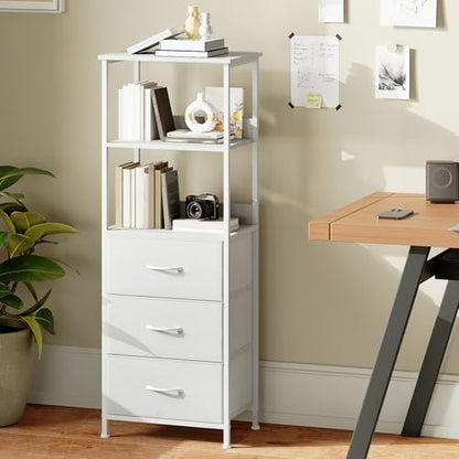 Somdot 5 Tier Bookshelf with 3 Drawers, Narrow Storage Bookcase for Bedroom | Tall Metal Frame Bookcase for Small Spaces, Living Room and Home Office, White - color: White