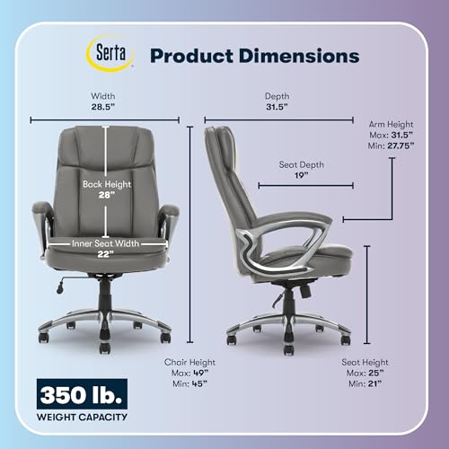 Serta Ergonomic Big and Tall Executive Office Chair Lumbar Support, Leather | Fairbanks, Gaming Chair with Headrest, 350lb Capacity, Padded Arms, Semi-Plush Seat Cushion, Adjustable Height and Tilt, Gray - color: Grey, size: 350 lbs
