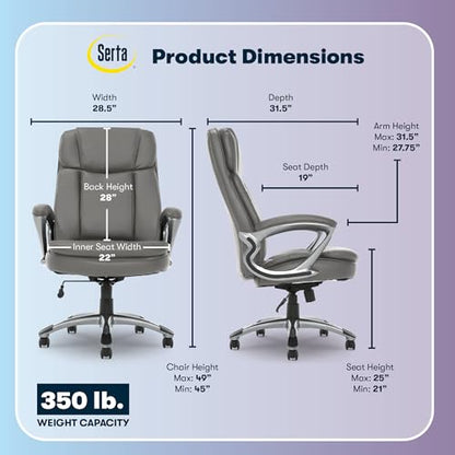 Serta Ergonomic Big and Tall Executive Office Chair Lumbar Support, Leather | Fairbanks, Gaming Chair with Headrest, 350lb Capacity, Padded Arms, Semi-Plush Seat Cushion, Adjustable Height and Tilt, Gray - color: Grey, size: 350 lbs
