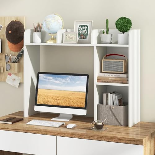 LDAILY Desktop Shelf, Multipurpose Wood Desk Hutch for Max 27" Computer Monitor, Countertop Storage Hutch with 5 Shelves, 3 Tier Desktop Display Rack for Dorm Office Home (White) - color: White, size: 5 Shelves