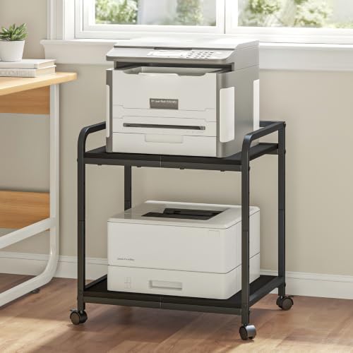 Under Desk Printer Stand with Wheels - 21"x15.8" Large Stand with Storage, 2-Tier Height Adjustable Printer Desk Cart, Heavy Duty Printers Riser for Home Office (Black) - color: Black, size: Standard