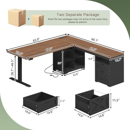 YOMILUVE Farmhouse L Shaped Standing Desk, 66 inch Corner Electric Standing Desk with Drawers ＆ Storage Shelves, Height Adjustable Computer Desk with Power Outlets for Home Office (Black and Brown) | Corner Electric Standing Desk with Drawers ＆ Storage Sh
