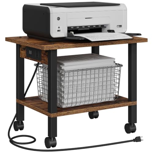 TUTOTAK Printer Stand, 2 Tier Rolling Printer Cart with Charging Station - color: Brown, size: 2 tier(18.9 x 13.4 x 15.4inchs)