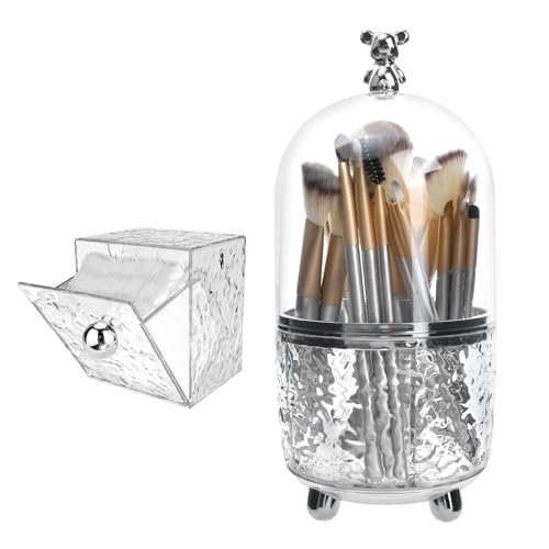 Makeup Brush Holder Organizer with Lid, 360°Rotating Dustproof Makeup Brushes Organizer, 4 Compartment Make Up Brushes Cup for Vanity Desktop Bathroom Countertop (Transparent) - color: Transparent