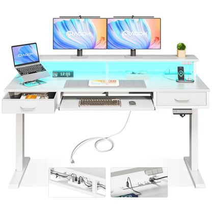 AODK 55 Inch Electric Standing Desk with Drawers & Keyboard Tray, White - color: White, size: 55 Inch