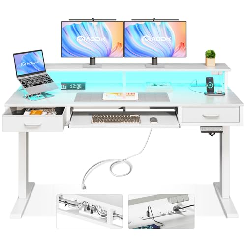 AODK 55 Inch Electric Standing Desk with Drawers & Keyboard Tray, White - color: White, size: 55 Inch