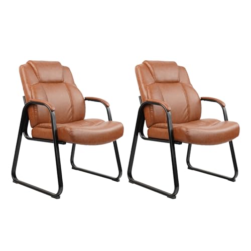CLATINA Big and Tall Office Chair Set of 2 500lbs Leather Reception Chair with Bonded Padded Armrest Wide Seat Sled Base Desk Chair No Wheels for Reception Conference Waiting Room Side Office, Brown - color: Brown, size: 2 Pack