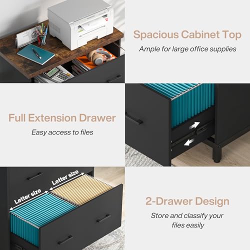 Tribesigns 2-Drawer File Cabinet, Wood Lateral Filing Cabinet for Office | A4, Letter Size, Engineered Wood, Two Drawer File Cabinet for Home Office, Brown and Black