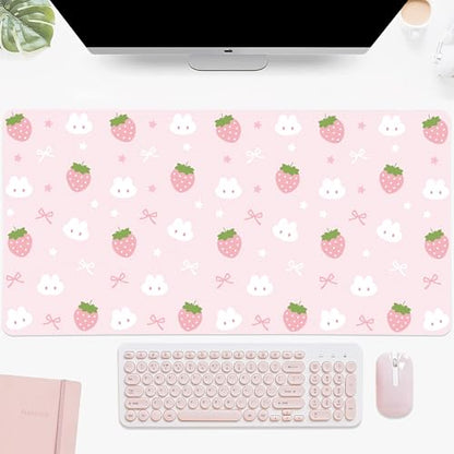 Pink Strawberry Desk Mat, Cute Extended Gaming Keyboard Mouse Pad, Large Office Desk Cover Mat Pad Deskmat, Non-Slip Leather Home Office Desk Mat Protector 27.6"x13.8" - color: Pink Strawberry, size: 27.6" x 13.8"