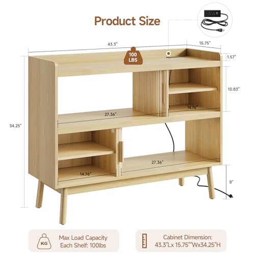 ONBRILL 44" Sideboard Buffet Cabinet with Outlet & Sliding Door, Oak - color: Oak, size: 44"