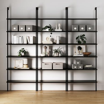 Nathan James Theo 6-Shelf Tall Bookcase, Wall Mount Bookshelf Wood Shelves and Metal Frame, Matte Black, Set of 3 - color: Black, size: Set of 3