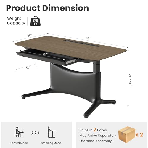 COLAMY Electric Standing Desk 55x28 Inch, Wobble-Free Dual Motor Sit Stand Up Home Office Computer Desk, One Piece Motorized Workstation Gamer Studio Table, Outlets & Footrest,Walnut Black - color: Walnut + Black