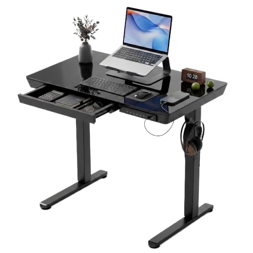 Claiks Small Glass Standing Desk with Drawers & USB Ports 32x19 Black - color: Black, size: 32 inch