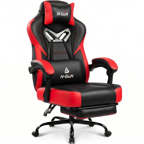 N-GEN GAMING Gaming Chair Big and Tall Computer Heavy Duty Office Desk Chair with Footrest Ergonomic Lumbar Support High Back Recliner for Adults (Red) - color: Red