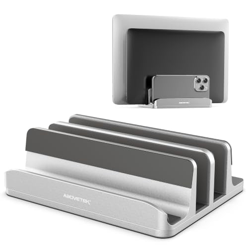 AboveTEK Vertical Laptop Stand, 3 Slots Aluminum Desk Laptop Holder & Laptop Docking Station Stand for MacBook, Tablet, Phone - Universal Fit (Up to 17.3") - Heavy Duty Polished, Anti Slide - Silver - color: Silver