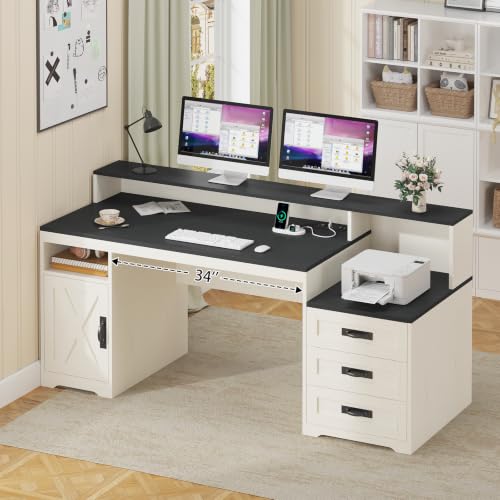 65" Farmhouse Computer Desk with Drawers and Printer Stand for Home Office - color: Black and White