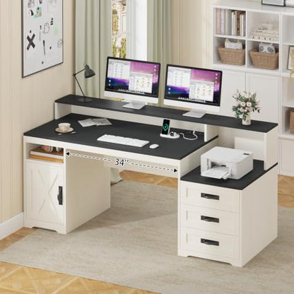 65" Farmhouse Computer Desk with Drawers and Printer Stand for Home Office - color: Black and White