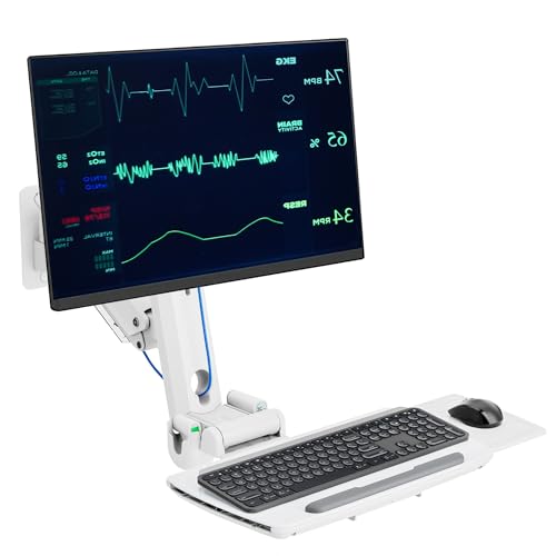 MED2H Heavy Duty Medical Wall Mount Workstation with Folding Keyboard Tray and Sliding Mouse Pad | Height Adjustment Space Save Folding Design for 17"-49" Screen Up to 44 lbs | Oral Scanner Holder