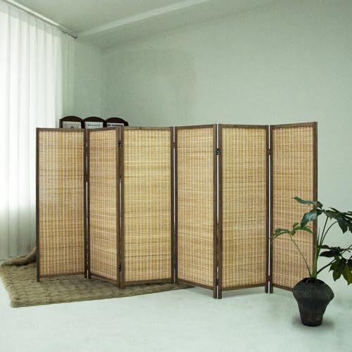 6 Panel Short Room Divider – 3.9 ft Tall Double-Side Folding Privacy Screen, Natural Brown Bamboo Partition Wall for Home Office, Living Room & Corner Spaces - color: Brown, size: 6 Panel