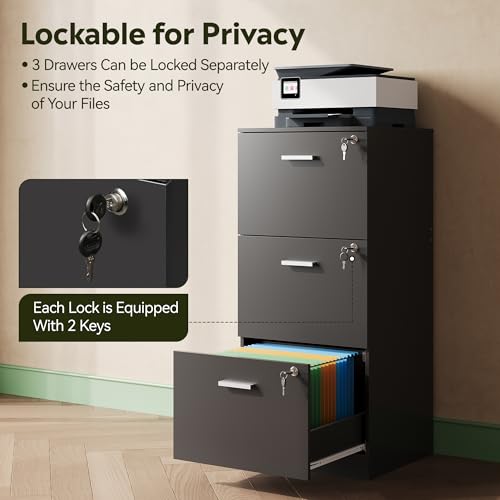 DEVAISE 3 Drawer Wood File Cabinet with Lock, Printer Stand, Black - color: Black