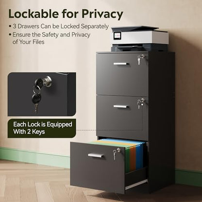 DEVAISE 3 Drawer Wood File Cabinet with Lock, Printer Stand, Black - color: Black